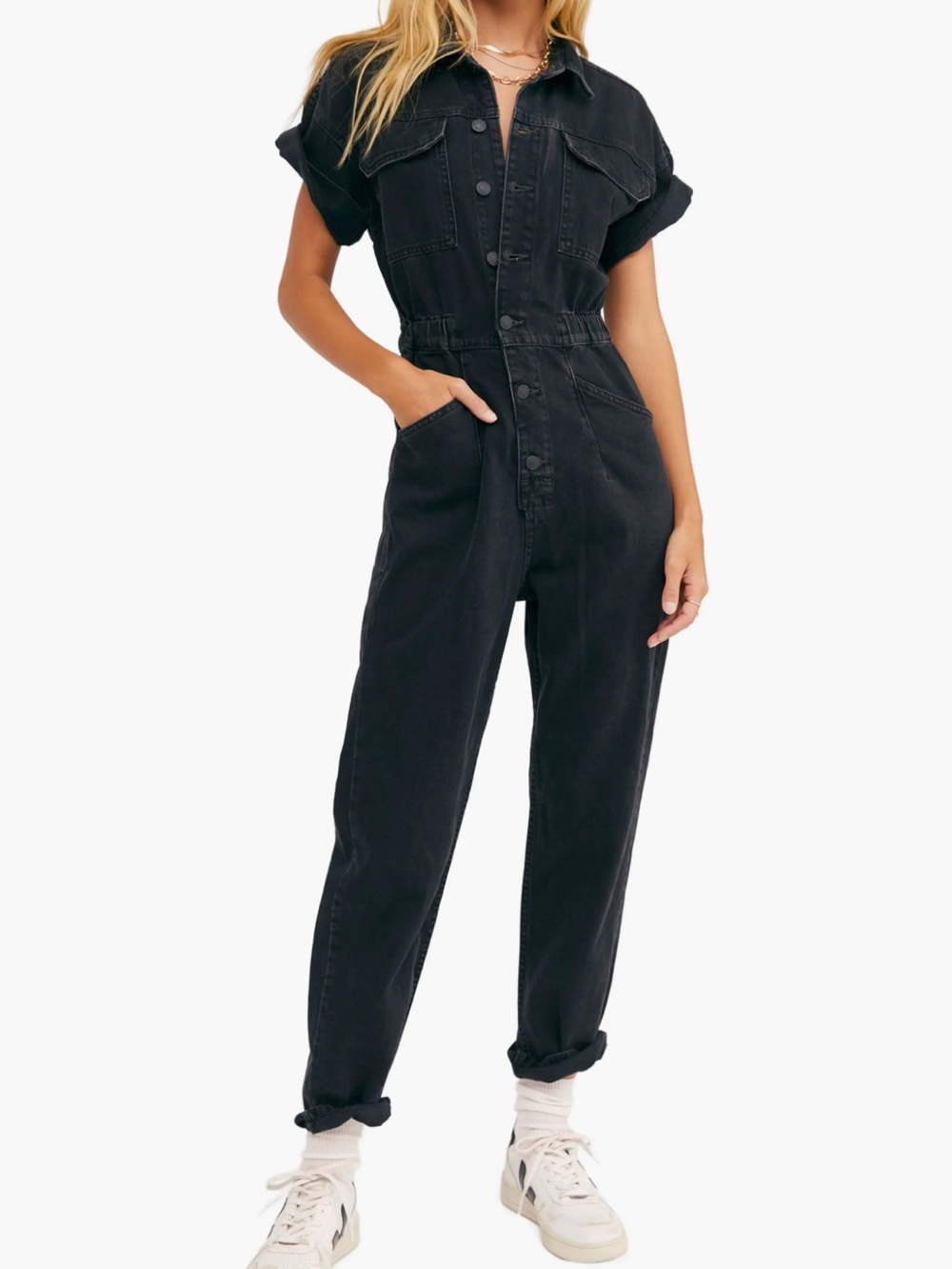 Free People Marci Denim Utility Coveralls Jumpsuit Iron Black Size XS